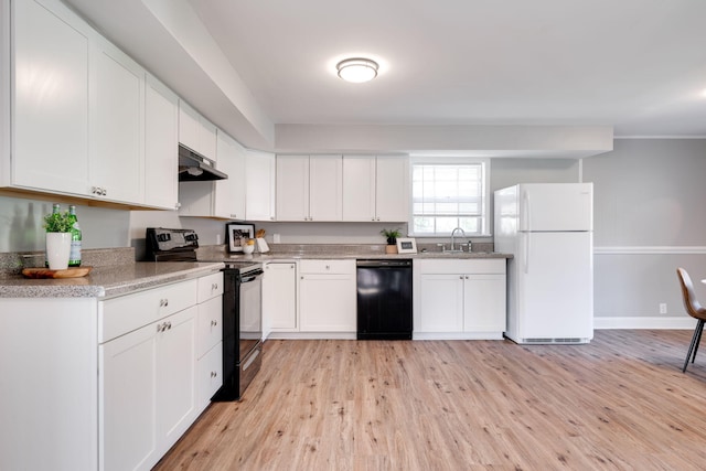 kitchen featuring black appliances, white cabinetry, sink, and light hardwood / wood-style flooring