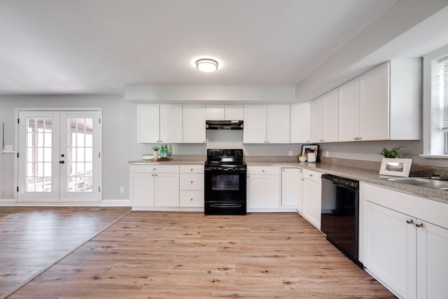 kitchen with french doors, sink, black appliances, light hardwood / wood-style floors, and white cabinetry