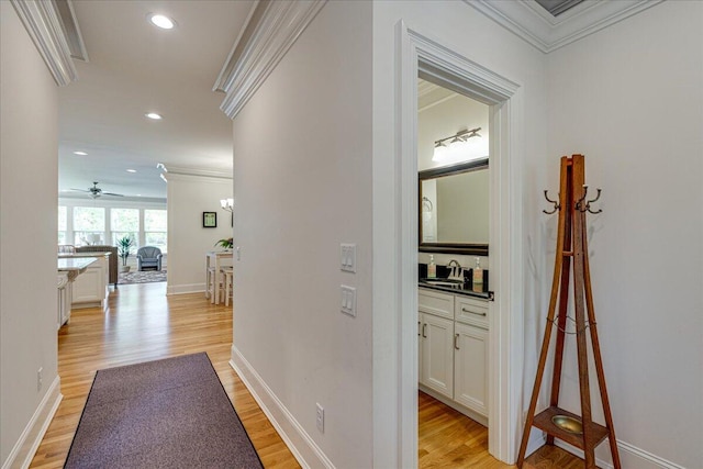 hall featuring light hardwood / wood-style floors, crown molding, and sink