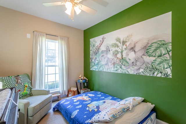 bedroom featuring carpet flooring and ceiling fan