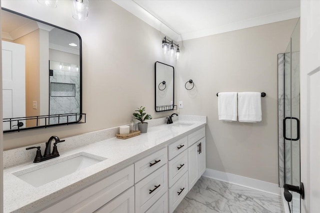 bathroom featuring vanity, an enclosed shower, and ornamental molding