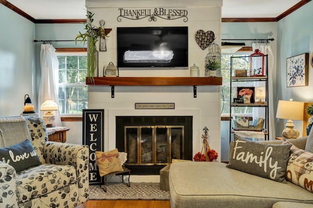 living room featuring wood-type flooring, crown molding, and a fireplace