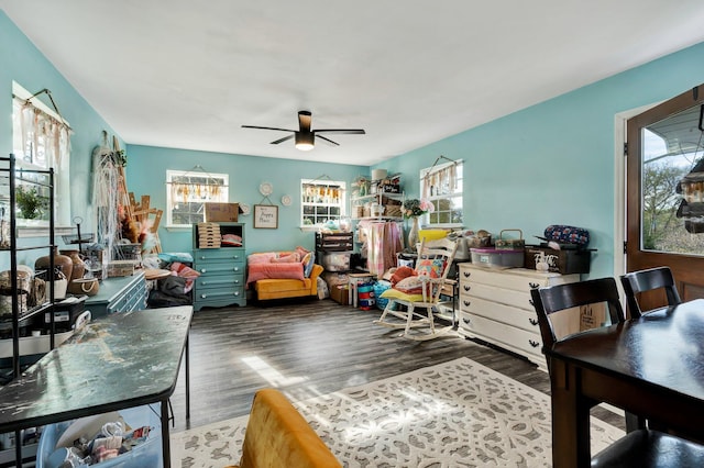 interior space with dark hardwood / wood-style flooring and ceiling fan