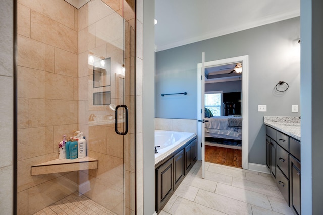 bathroom featuring vanity, tile patterned flooring, ceiling fan, separate shower and tub, and ornamental molding