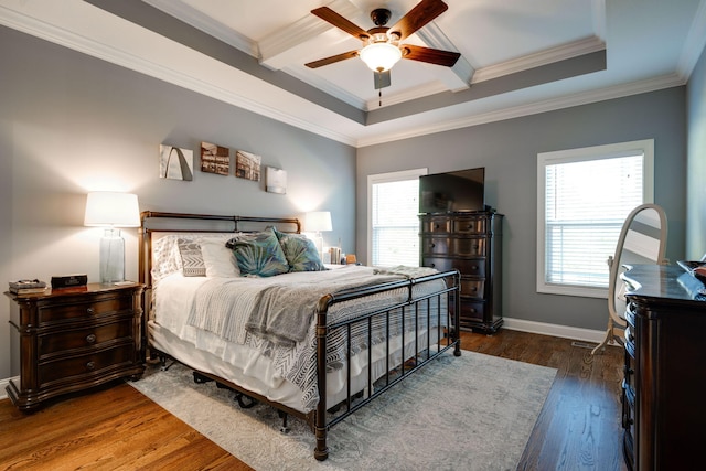 bedroom with ceiling fan, beam ceiling, crown molding, and dark wood-type flooring