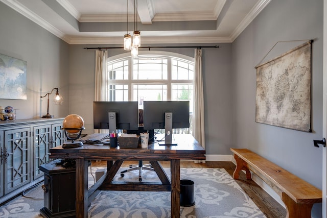 home office with hardwood / wood-style flooring, a tray ceiling, and ornamental molding