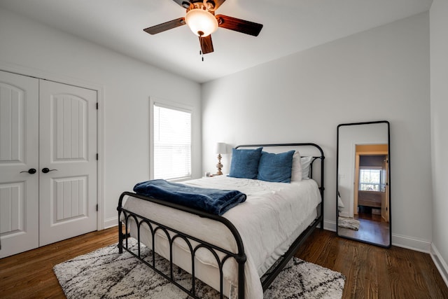 bedroom with multiple windows, ceiling fan, a closet, and dark hardwood / wood-style flooring