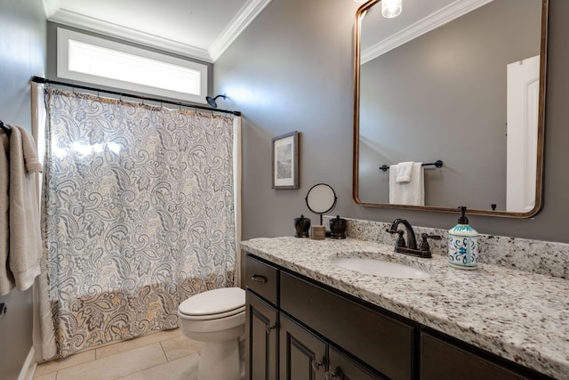 bathroom featuring tile patterned floors, toilet, vanity, and ornamental molding