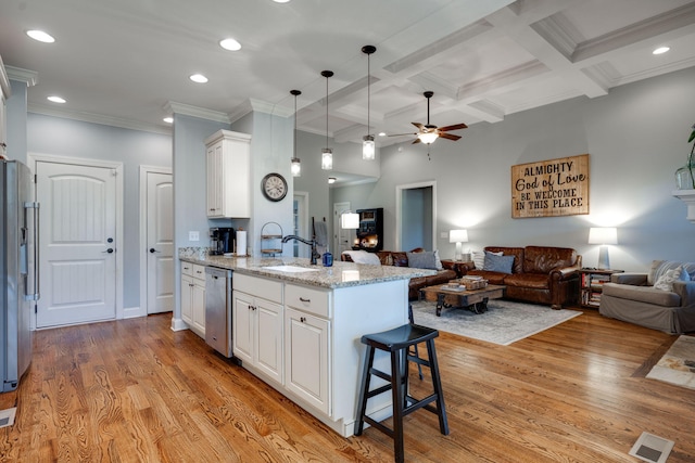 kitchen with light stone countertops, appliances with stainless steel finishes, light hardwood / wood-style flooring, white cabinets, and hanging light fixtures