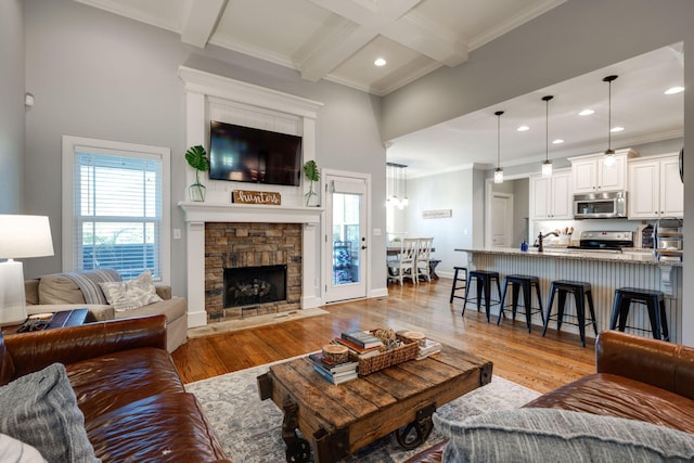 living room with a fireplace, beamed ceiling, light hardwood / wood-style floors, and ornamental molding