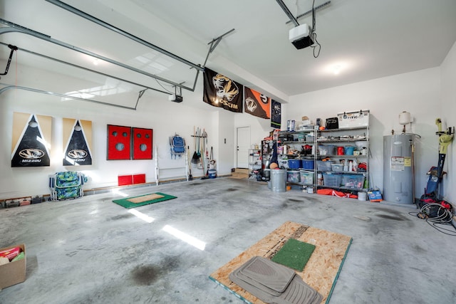 garage featuring electric water heater and a garage door opener