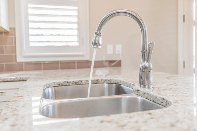 details with tasteful backsplash, light stone counters, and sink