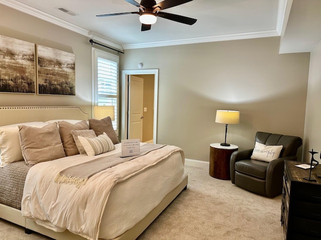 bedroom featuring light colored carpet, a ceiling fan, baseboards, visible vents, and ornamental molding