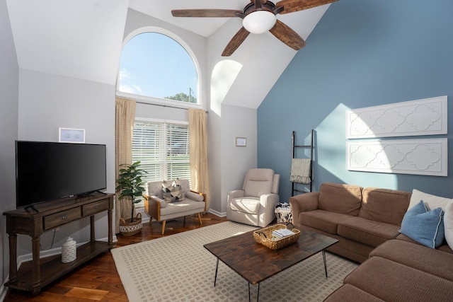 living room featuring high vaulted ceiling, ceiling fan, and dark wood-type flooring