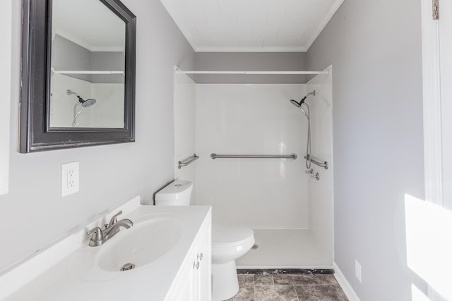 bathroom with toilet, a shower, vanity, and ornamental molding