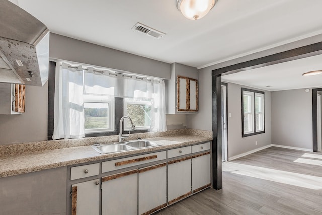 kitchen with white cabinets, sink, and light wood-type flooring