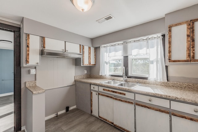 kitchen with sink, hardwood / wood-style flooring, and white cabinets