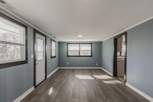 interior space with ornamental molding, dark wood-type flooring, a textured ceiling, and sink