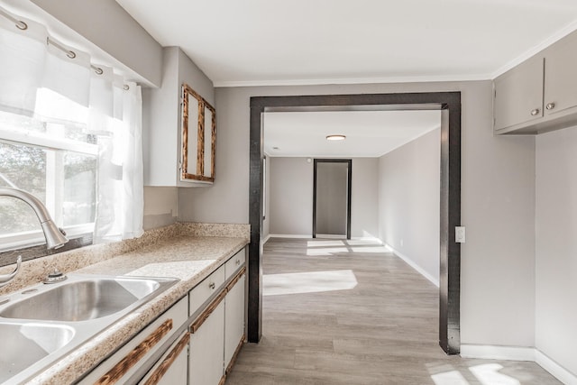 kitchen with ornamental molding, sink, and light hardwood / wood-style floors