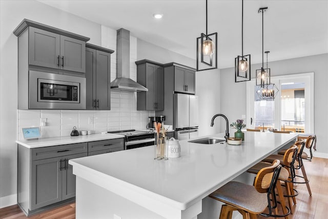 kitchen featuring sink, stainless steel appliances, wall chimney range hood, an island with sink, and decorative light fixtures