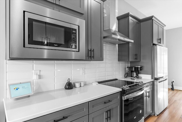 kitchen featuring decorative backsplash, appliances with stainless steel finishes, gray cabinetry, wall chimney range hood, and light hardwood / wood-style floors