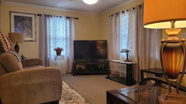 living room featuring carpet flooring, crown molding, and a healthy amount of sunlight