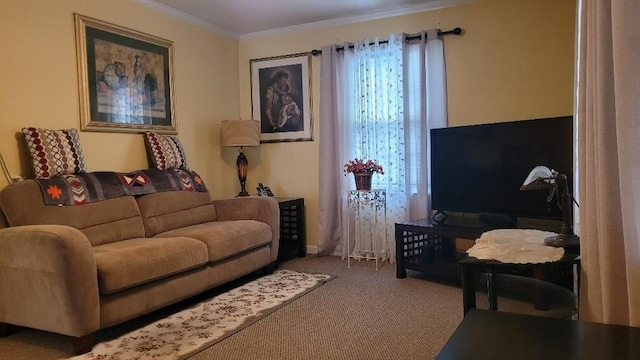 carpeted living room with ornamental molding