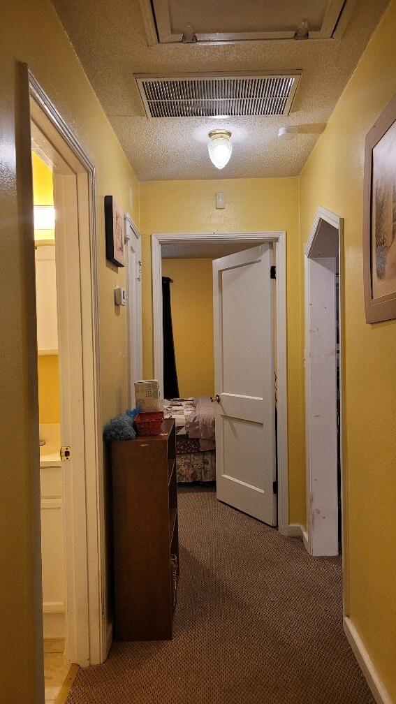 hallway with carpet floors and a textured ceiling