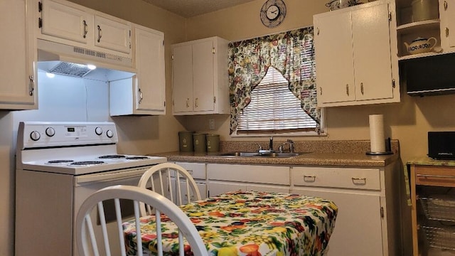 kitchen with white cabinets, sink, and electric stove