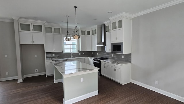 kitchen featuring light stone countertops, wall chimney exhaust hood, white cabinets, a kitchen island, and stainless steel range with gas stovetop