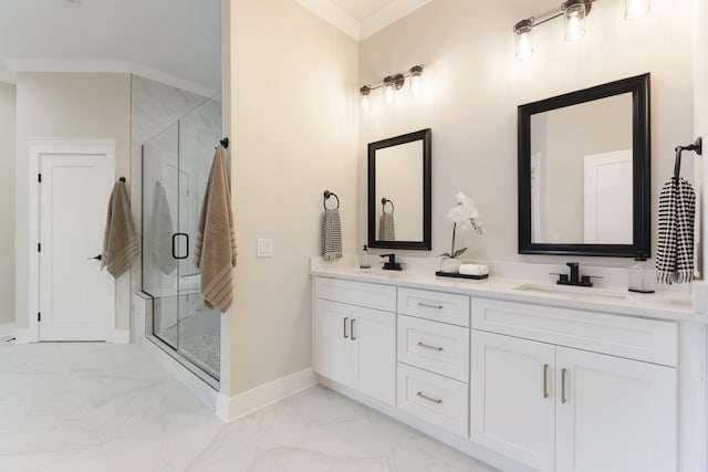 bathroom with vanity and walk in shower