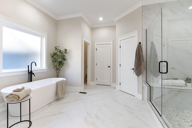 bathroom with toilet, independent shower and bath, and ornamental molding