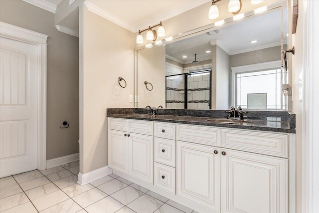 bathroom featuring crown molding, vanity, and a shower with shower door