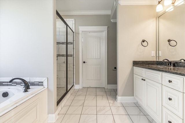 bathroom featuring plus walk in shower, vanity, and ornamental molding