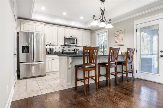 kitchen with stainless steel appliances, a tray ceiling, and light hardwood / wood-style flooring