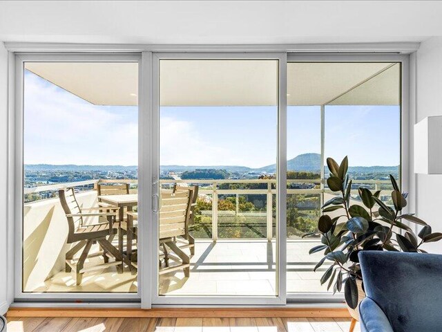 doorway to outside with a mountain view and hardwood / wood-style flooring