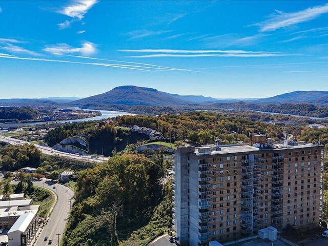 drone / aerial view featuring a mountain view