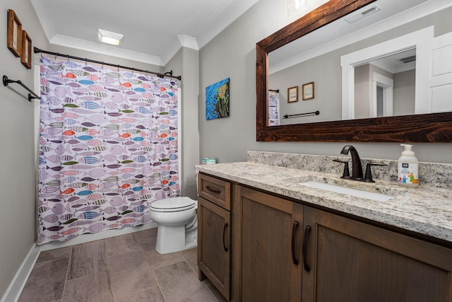 bathroom featuring vanity, toilet, curtained shower, and ornamental molding