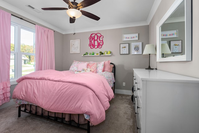 bedroom with carpet flooring, ceiling fan, and ornamental molding