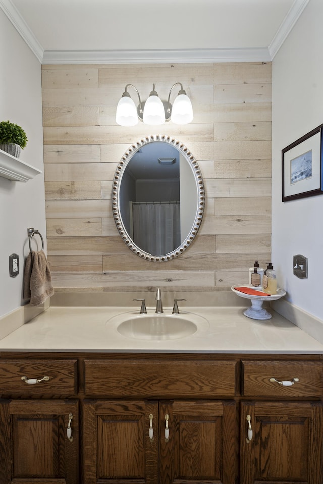 145 County Road 573, Englewood, TN 37329 - bathroom featuring vanity, crown molding, and wooden walls
