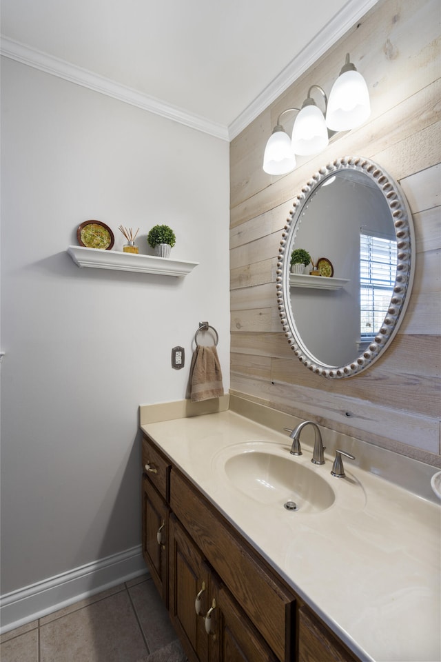 145 County Road 573, Englewood, TN 37329 - bathroom featuring tile patterned flooring, wood walls, vanity, and crown molding
