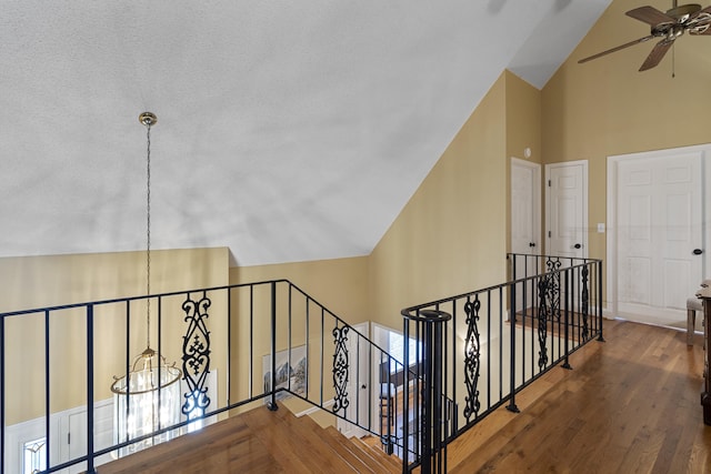 145 County Road 573, Englewood, TN 37329 - stairs featuring a ceiling fan, high vaulted ceiling, and wood finished floors