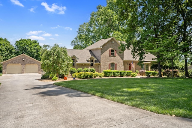 145 County Road 573, Englewood, TN 37329 - view of front of house with a detached garage, a front lawn, and brick siding