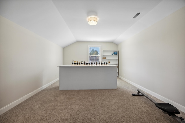 additional living space with light carpet and vaulted ceiling