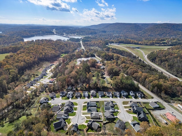 birds eye view of property featuring a water and mountain view