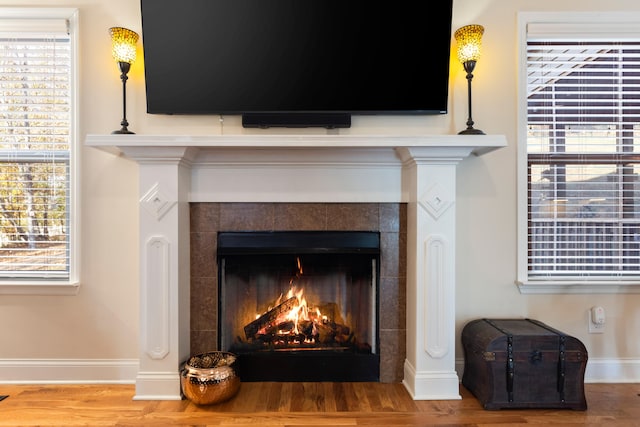 interior details featuring a fireplace and wood-type flooring