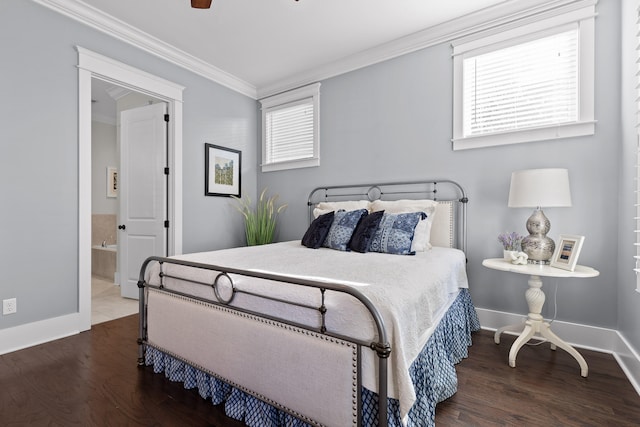 bedroom with ensuite bath, ceiling fan, dark wood-type flooring, and ornamental molding