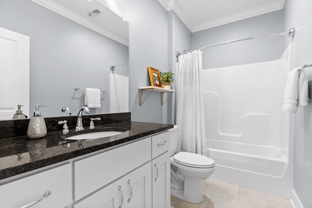 full bathroom with shower / bath combination with curtain, vanity, crown molding, tile patterned flooring, and toilet