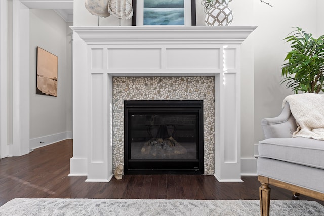 interior details featuring hardwood / wood-style flooring and a fireplace