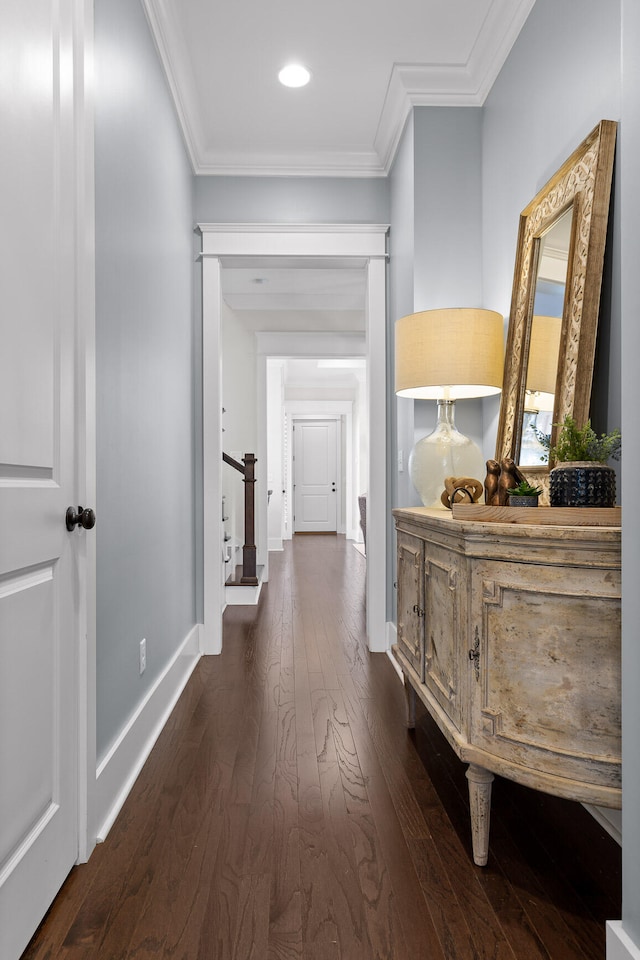 corridor with dark hardwood / wood-style flooring and ornamental molding